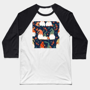 Autumn Gnomes with Long White Beards and Knitted Hats on Blue Background Baseball T-Shirt